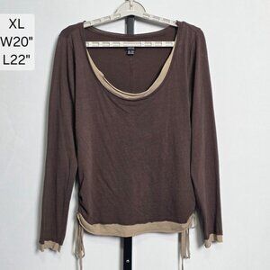 BDG Urban Outfitters Top Women's XL Brown Long Sleeve Layered Raw Hem Side Tie G